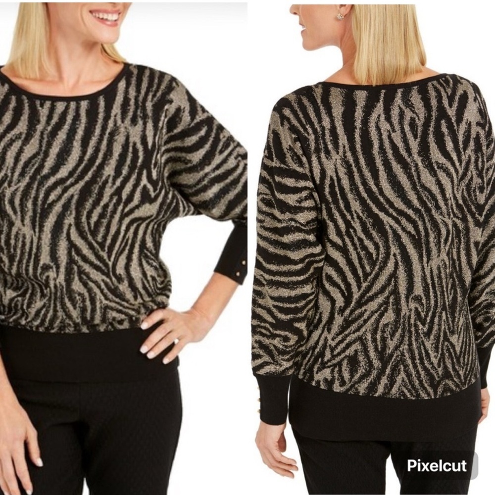 NWT JM Collection Zebra Wave Print‎ Black and Metallic Gold Sweater Size PM